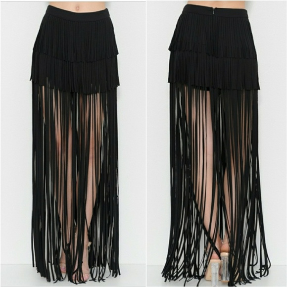 .. Dresses & Skirts - ■LAST 1■BOHO BLACK FRINGE SKIRT W/ SHORTS